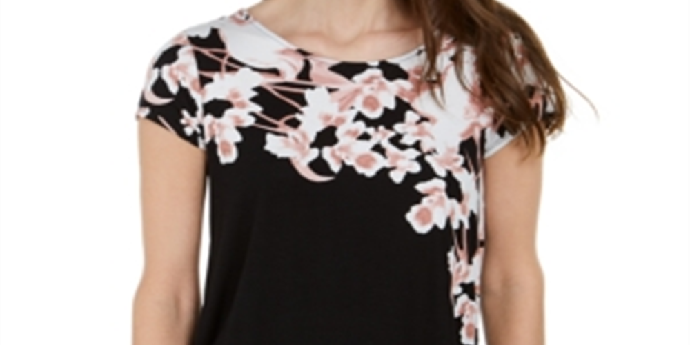 Camiseta feminina Alfani estampada com bainha redonda, preta, tamanho pequeno pequeno