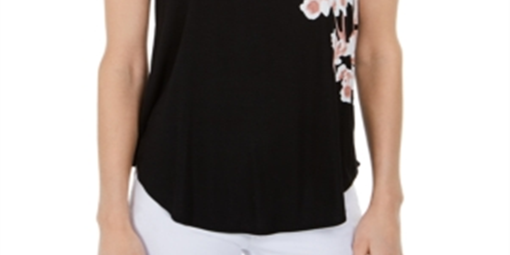 Camiseta feminina Alfani estampada com bainha redonda, preta, tamanho pequeno pequeno