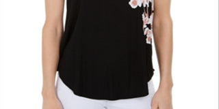 Camiseta feminina Alfani estampada com bainha redonda, preta, tamanho pequeno pequeno