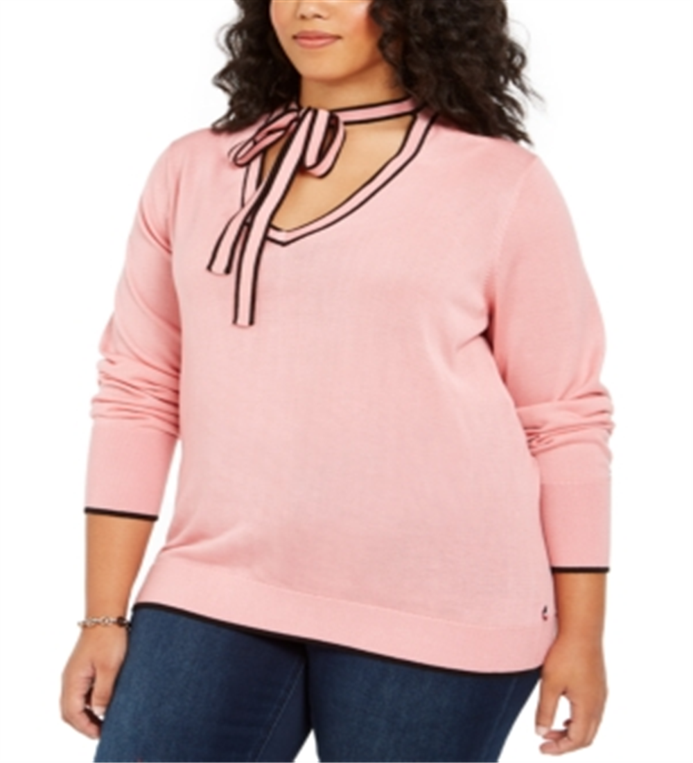 Suéter feminino Tommy Hilfiger Plus com faixa e decote em V, rosa, tamanho 2X