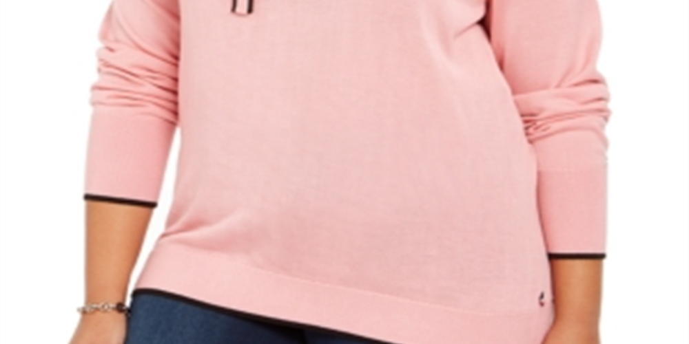Suéter feminino Tommy Hilfiger Plus com faixa e decote em V, rosa, tamanho 2X