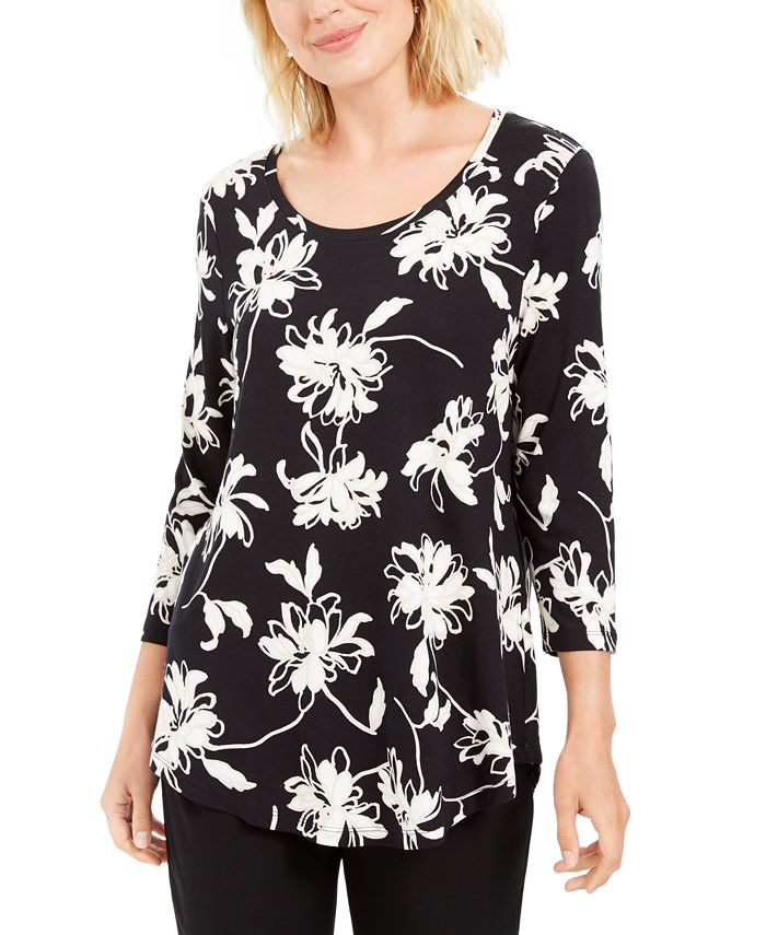 Jm Collection Blusa estampada com decote redondo Blossom Black Tamanho XS