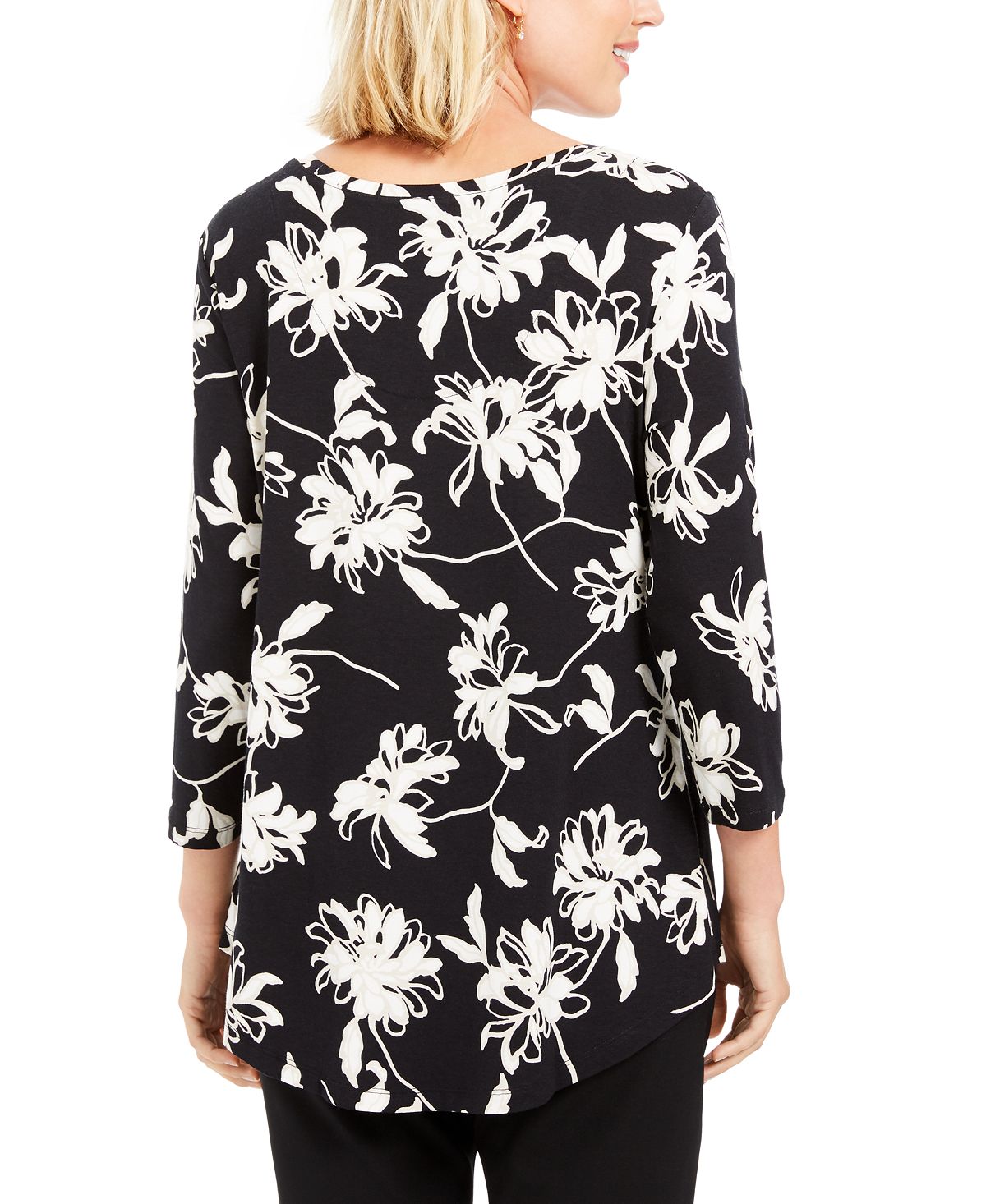 Jm Collection Blusa estampada com decote redondo Blossom Black Tamanho XS
