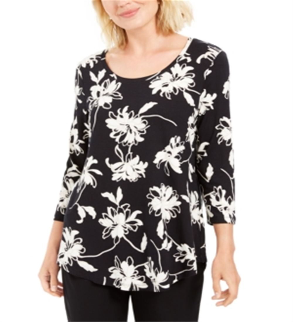 Jm Collection Blusa estampada com decote redondo Blossom Black Tamanho XS