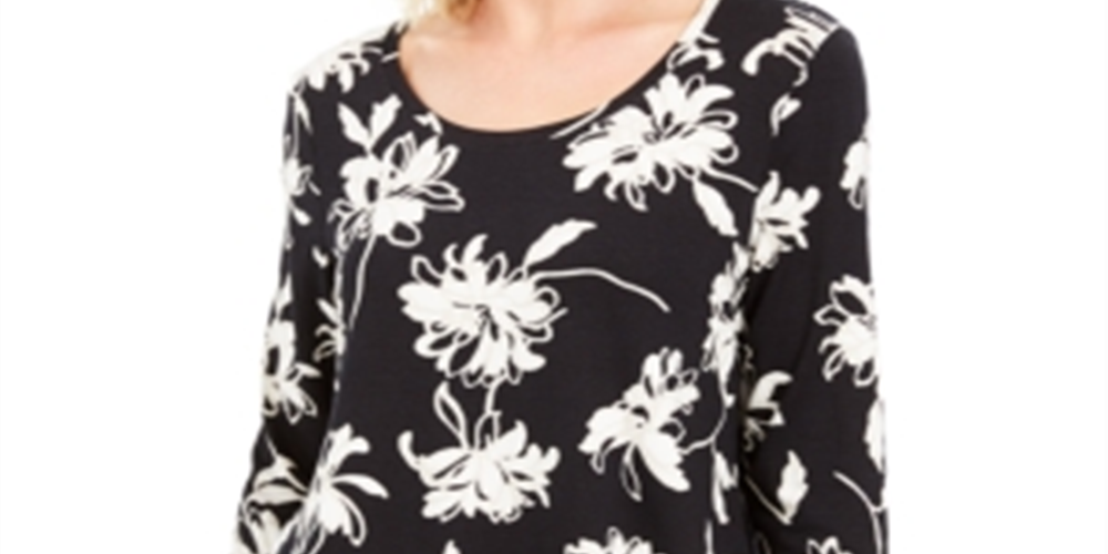 Jm Collection Blusa estampada com decote redondo Blossom Black Tamanho XS