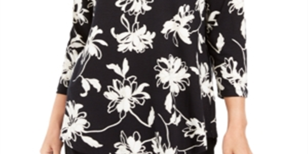 Jm Collection Blusa estampada com decote redondo Blossom Black Tamanho XS