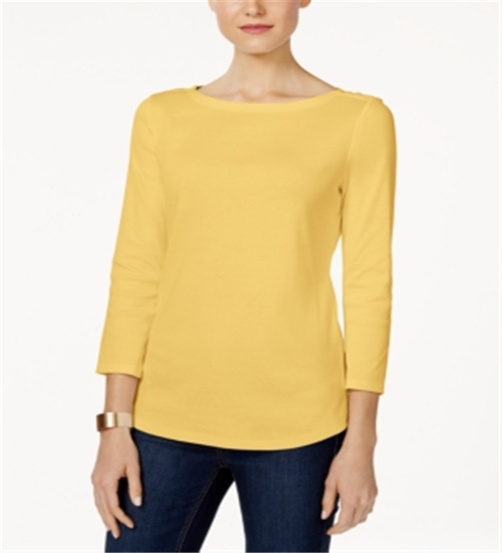 Charter Club Pima Cotton Top com decote canoa e botões nos ombros, amarelo, tamanho P