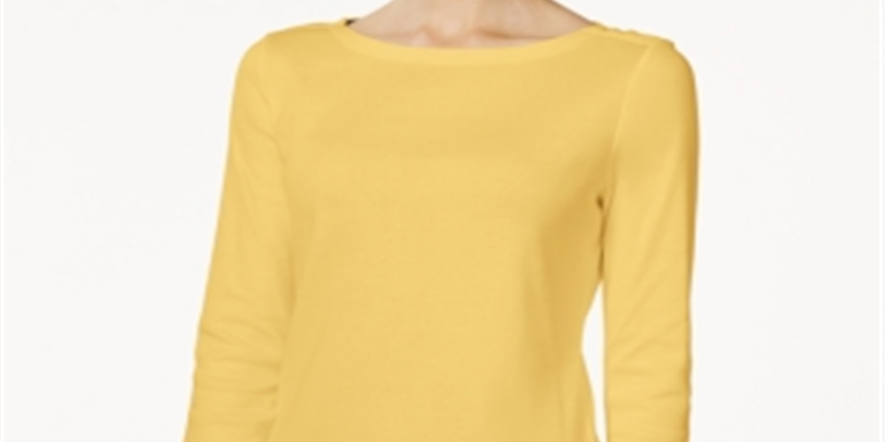 Charter Club Pima Cotton Top com decote canoa e botões nos ombros, amarelo, tamanho P