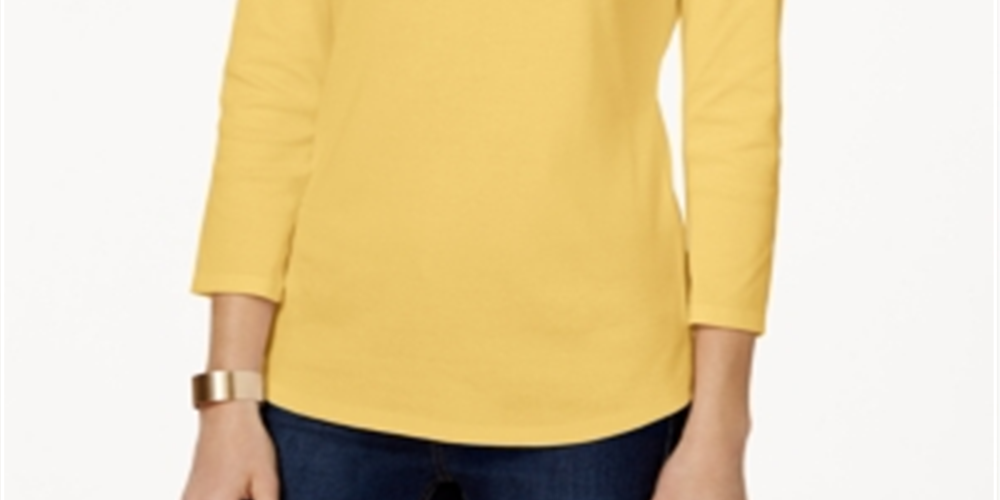 Charter Club Pima Cotton Top com decote canoa e botões nos ombros, amarelo, tamanho P