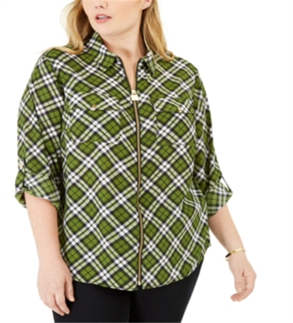 Blusa feminina Michael Kors Plus Size xadrez com gola, verde, tamanho 0X
