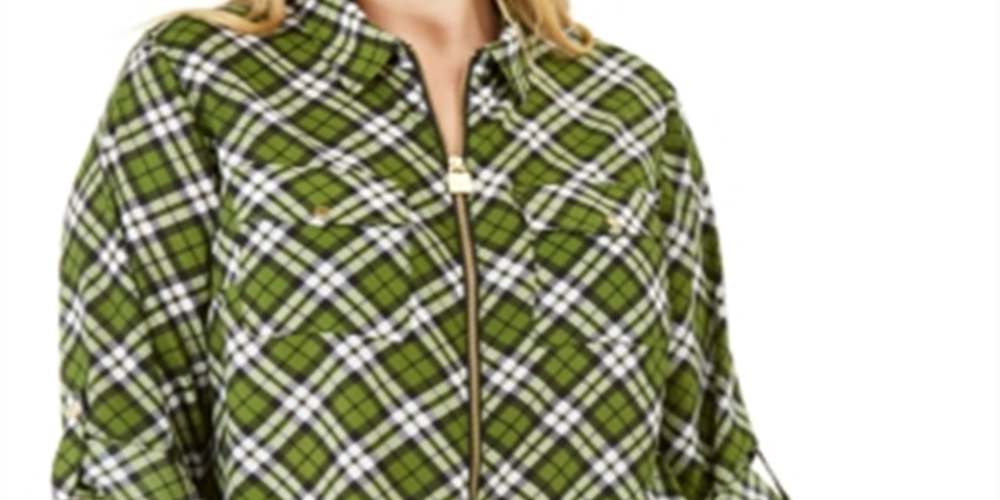 Blusa feminina Michael Kors Plus Size xadrez com gola, verde, tamanho 0X