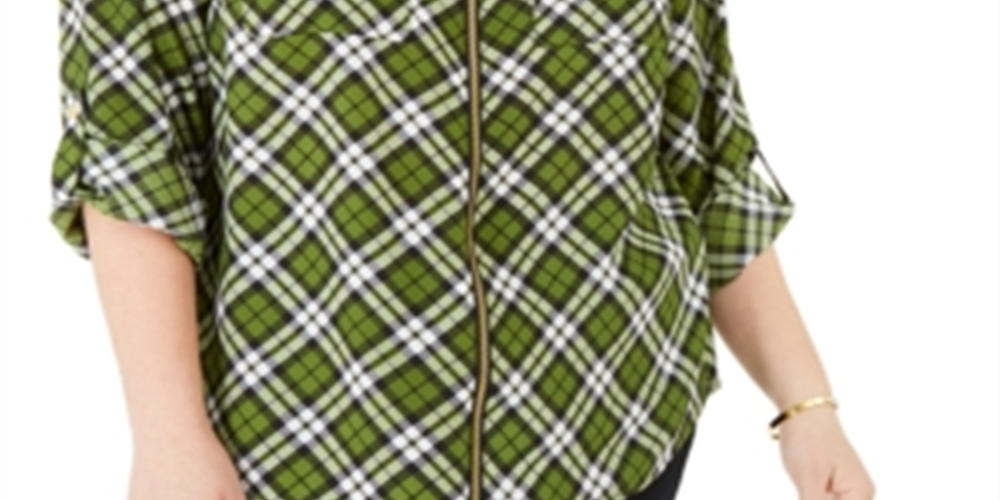 Blusa feminina Michael Kors Plus Size xadrez com gola, verde, tamanho 0X