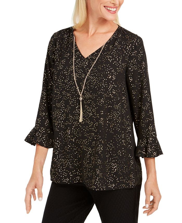 JM Collection Blusa Feminina Estampada em Folha Preta Tamanho Médio