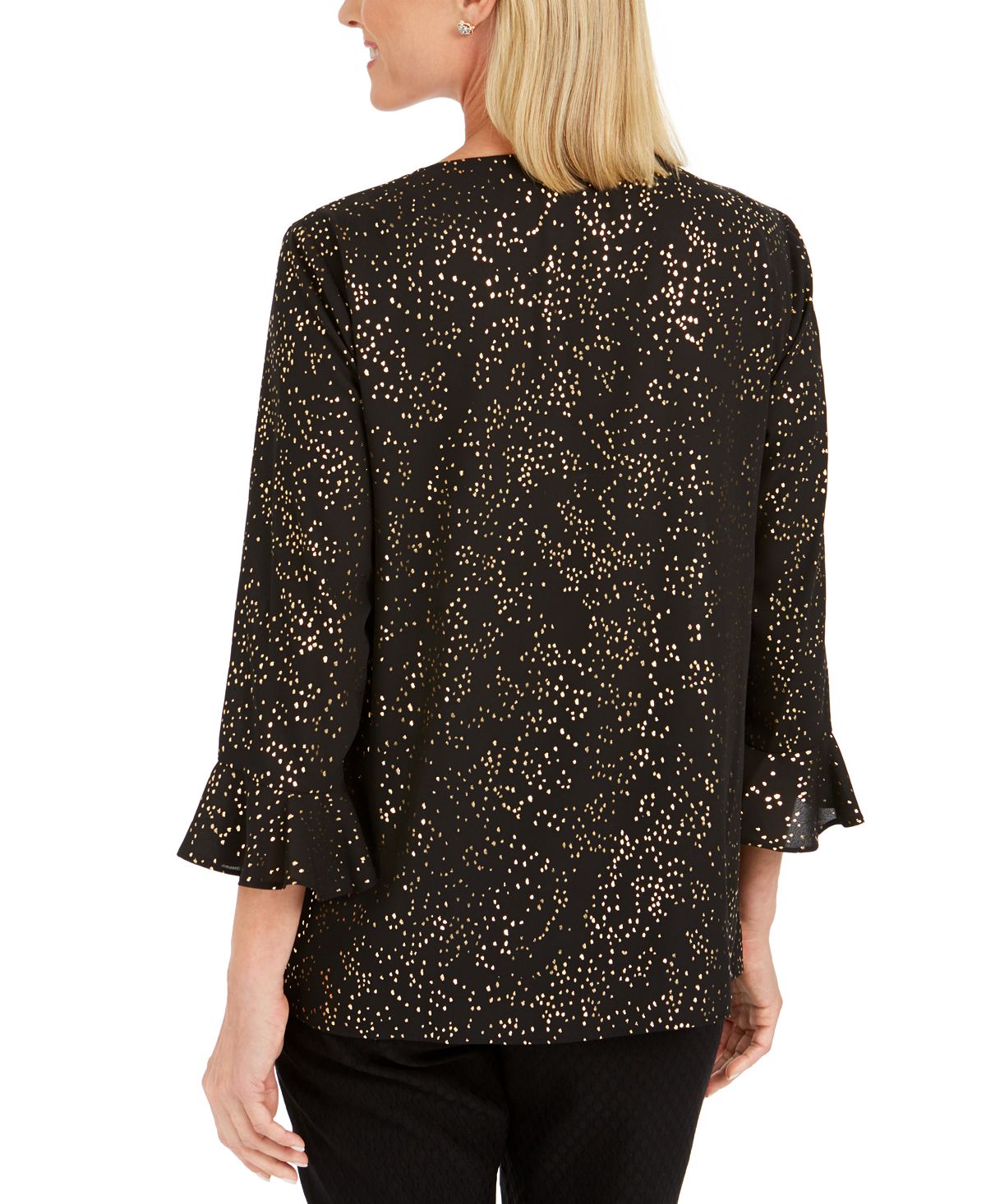 JM Collection Blusa Feminina Estampada em Folha Preta Tamanho Médio