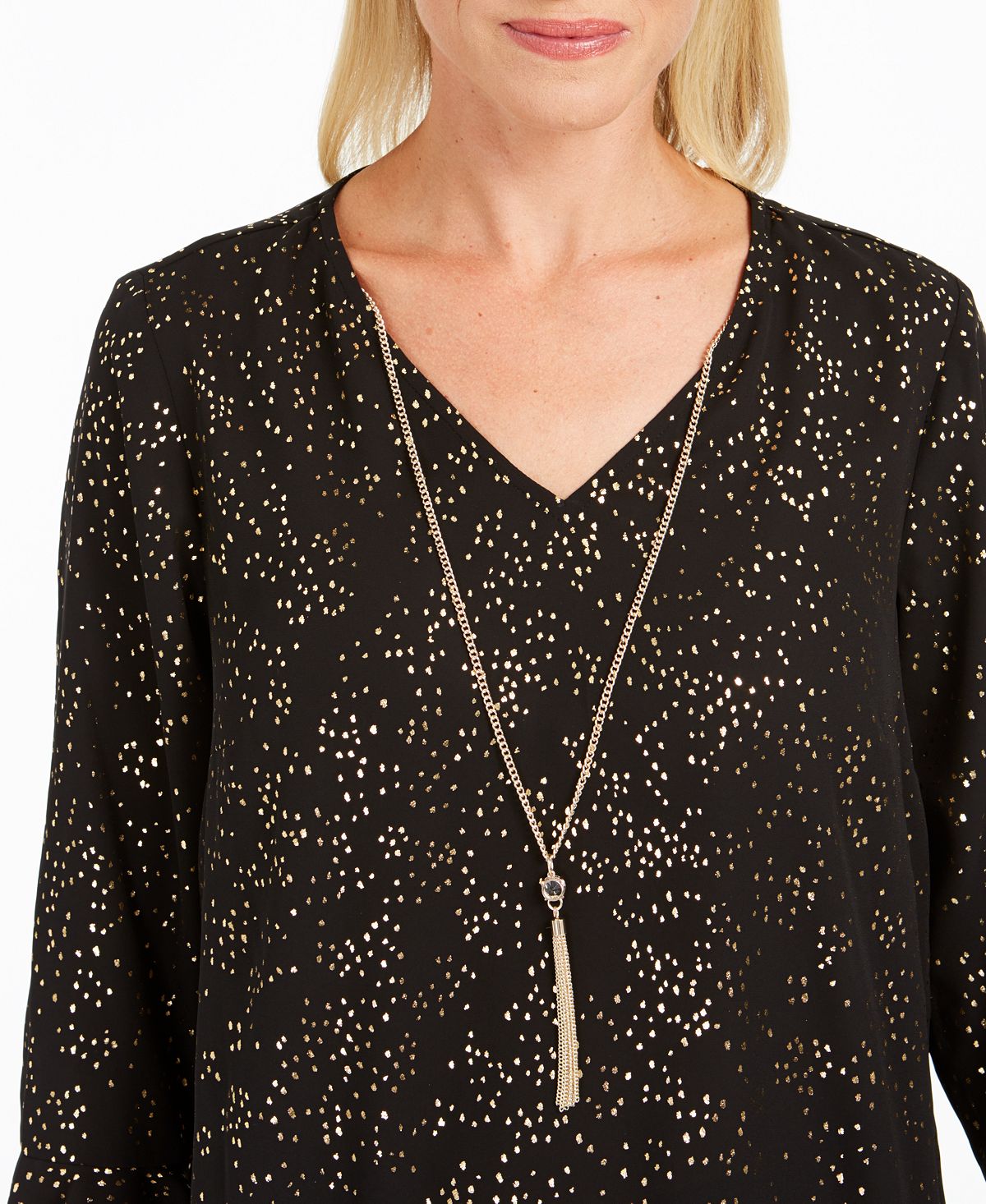 JM Collection Blusa Feminina Estampada em Folha Preta Tamanho Médio