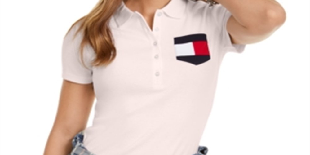 Camisa polo Tommy Hilfiger de algodão com bolso de bandeira, bailarina rosa, tamanho M