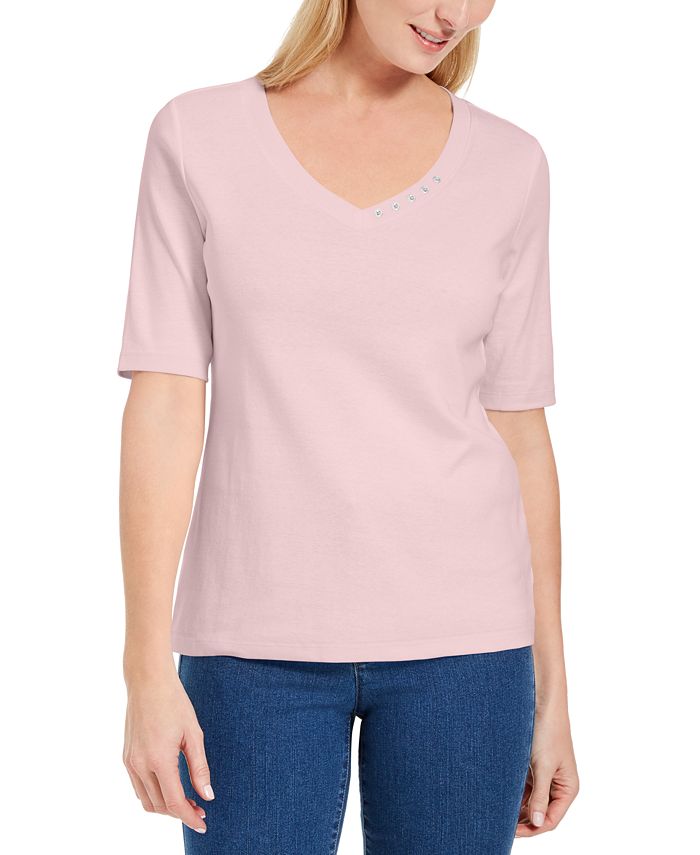 Blusa feminina Karen Scott com decote em V e detalhes em botões, rosa, tamanho pequeno GG