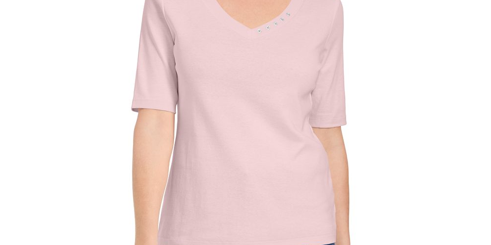 Blusa feminina Karen Scott com decote em V e detalhes em botões, rosa, tamanho pequeno GG