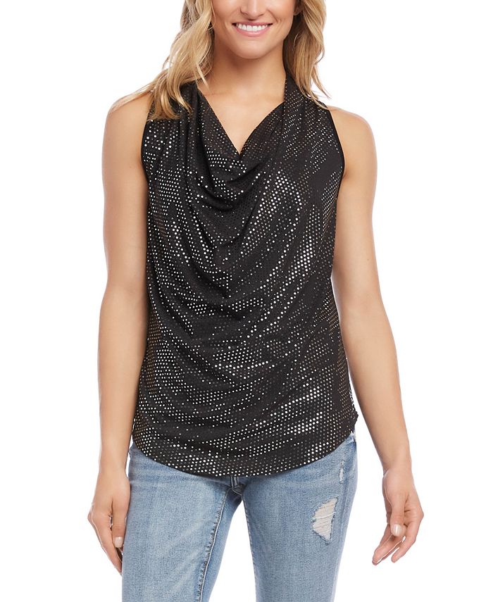 Karen Kane Blusa Feminina com Decote Drapeado e Lantejoulas, Preta, Tamanho Médio
