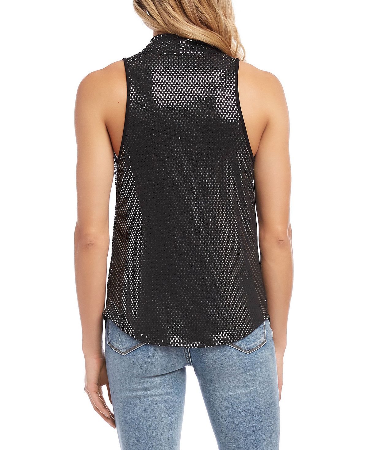 Karen Kane Blusa Feminina com Decote Drapeado e Lantejoulas, Preta, Tamanho Médio