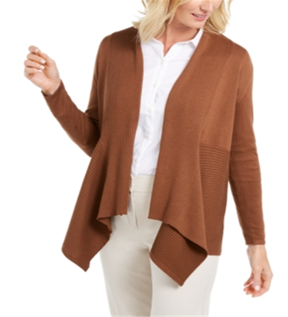Cardigan feminino canelado com bainha de lenço JM Collection, marrom, tamanho X-S