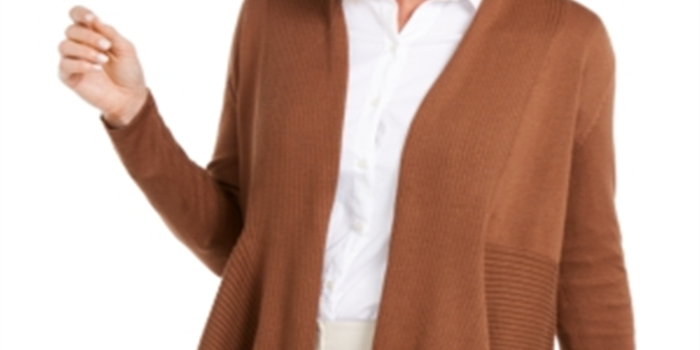 Cardigan feminino canelado com bainha de lenço JM Collection, marrom, tamanho X-S