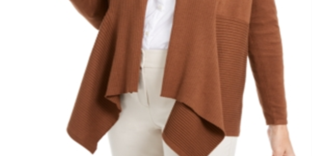 Cardigan feminino canelado com bainha de lenço JM Collection, marrom, tamanho X-S