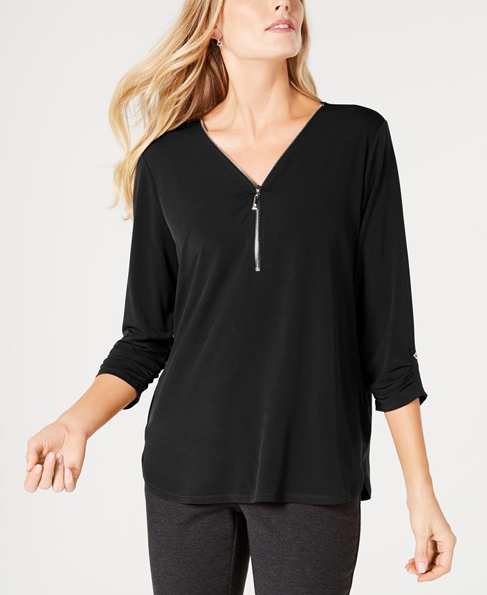 Top feminino com zíper e acabamento em zíper JM Collection, preto, tamanho pequeno
