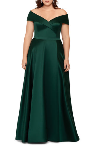 Vestido feminino Xscape de cetim com zíper e ombros de fora, comprimento total, corte formal, verde, tamanho 16W