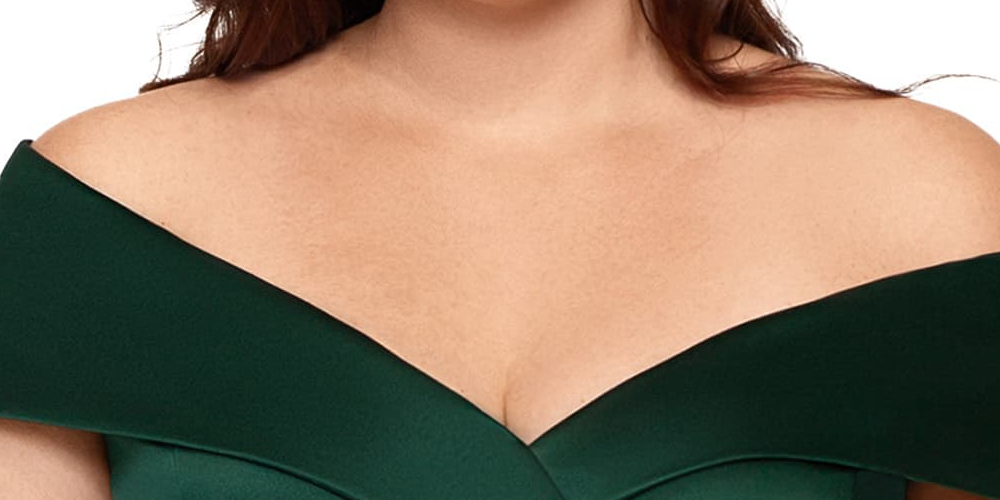 Vestido feminino Xscape de cetim com zíper e ombros de fora, comprimento total, corte formal, verde, tamanho 16W