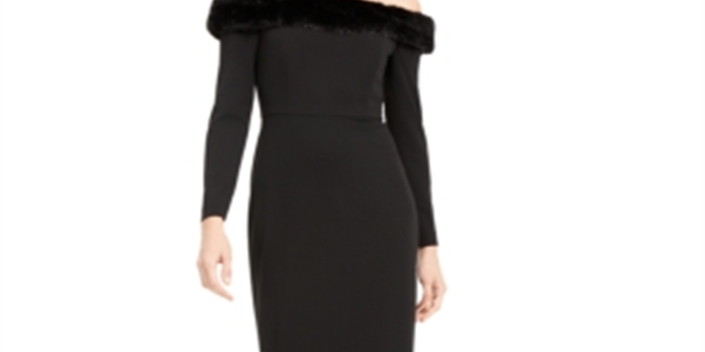 Vestido de festa longo Calvin Klein feminino, manga comprida, ombro de fora, preto, tamanho 12