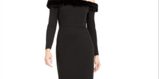 Vestido de festa longo Calvin Klein feminino, manga comprida, ombro de fora, preto, tamanho 12