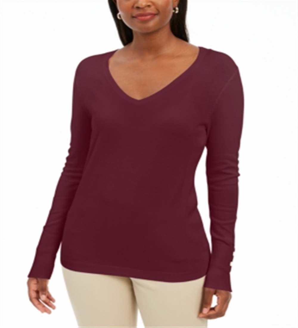 Suéter feminino com decote em V e mangas enfeitadas, tamanho XS, vermelho, da coleção JM