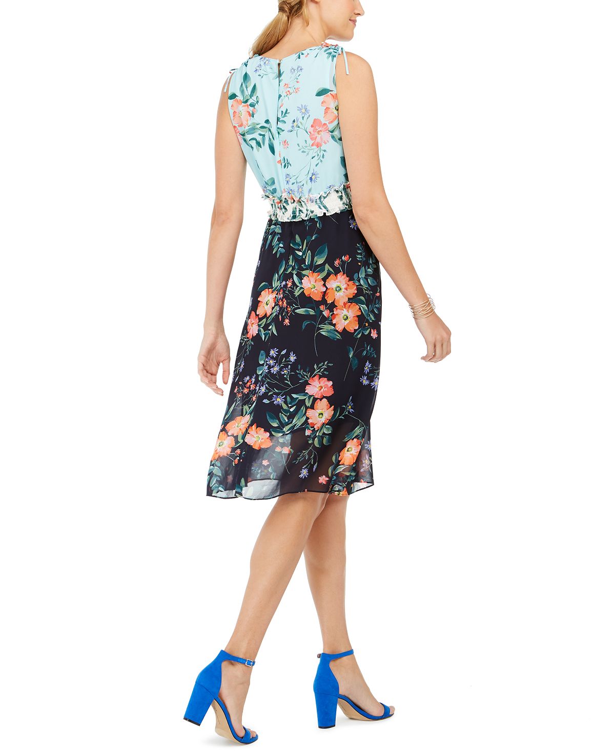Vestido feminino Vince Camuto com estampa floral e blocos de cores, azul-marinho, tamanho 2, poliéster, azul, tamanho 2