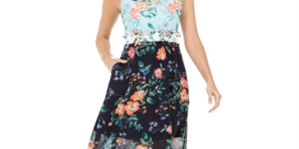 Vestido feminino Vince Camuto com estampa floral e blocos de cores, azul-marinho, tamanho 2, poliéster, azul, tamanho 2