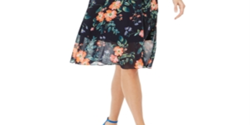 Vestido feminino Vince Camuto com estampa floral e blocos de cores, azul-marinho, tamanho 2, poliéster, azul, tamanho 2