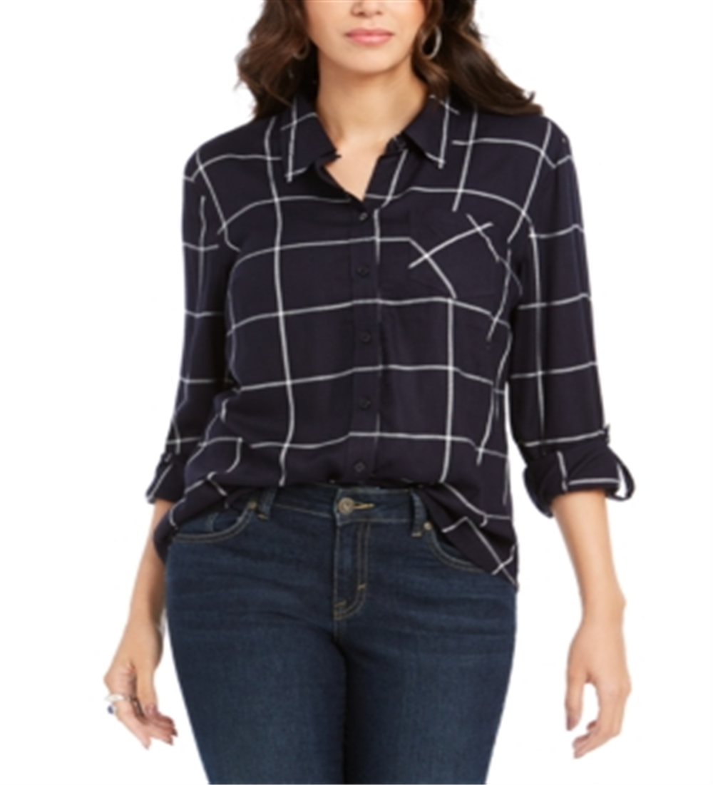 Camisa xadrez feminina de algodão com mangas curtas e abas Style &amp; Co, azul, tamanho pequeno XL