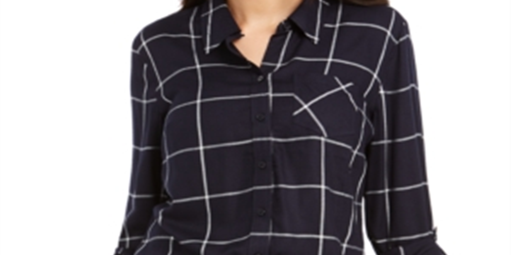 Camisa xadrez feminina de algodão com mangas curtas e abas Style &amp; Co, azul, tamanho pequeno XL