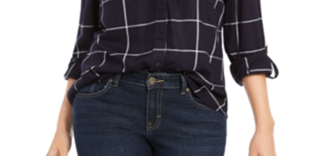 Camisa xadrez feminina de algodão com mangas curtas e abas Style &amp; Co, azul, tamanho pequeno XL