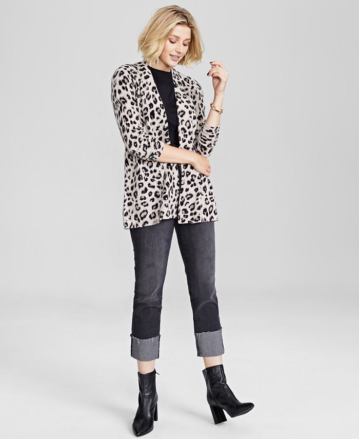 Cardigan feminino de cashmere puro com estampa animal Charter Club, preto, tamanhos pequeno S