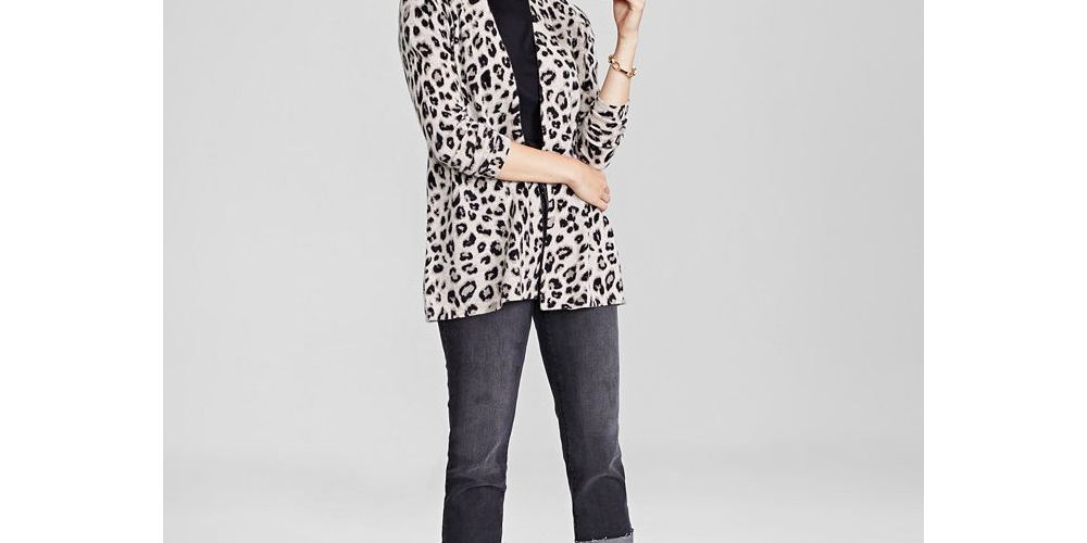 Cardigan feminino de cashmere puro com estampa animal Charter Club, preto, tamanhos pequeno S