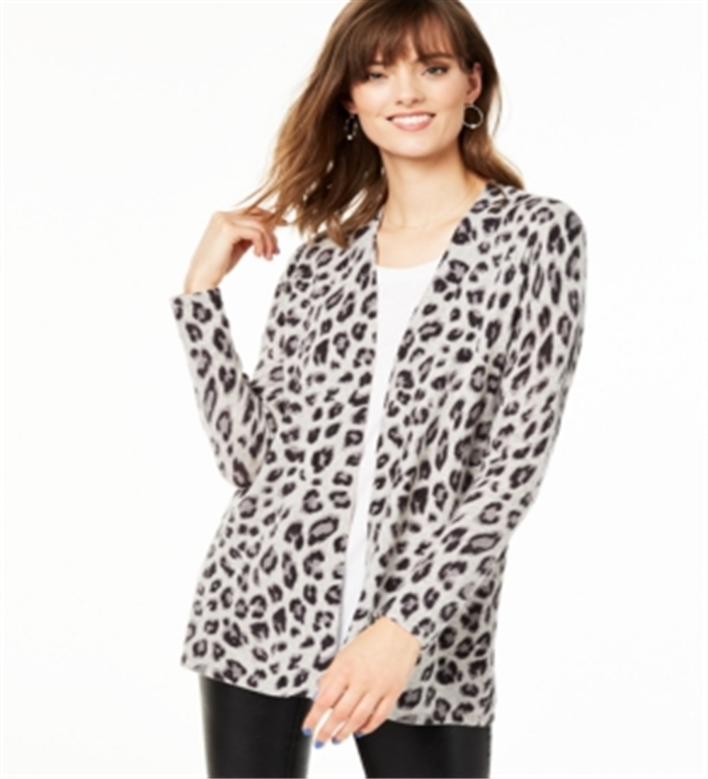 Cardigan feminino de cashmere puro com estampa animal Charter Club, preto, tamanhos pequeno S