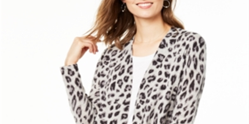 Cardigan feminino de cashmere puro com estampa animal Charter Club, preto, tamanhos pequeno S