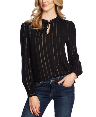 CeCe Women's  Striped Tie-Neck Top  Rich Black  Size Large