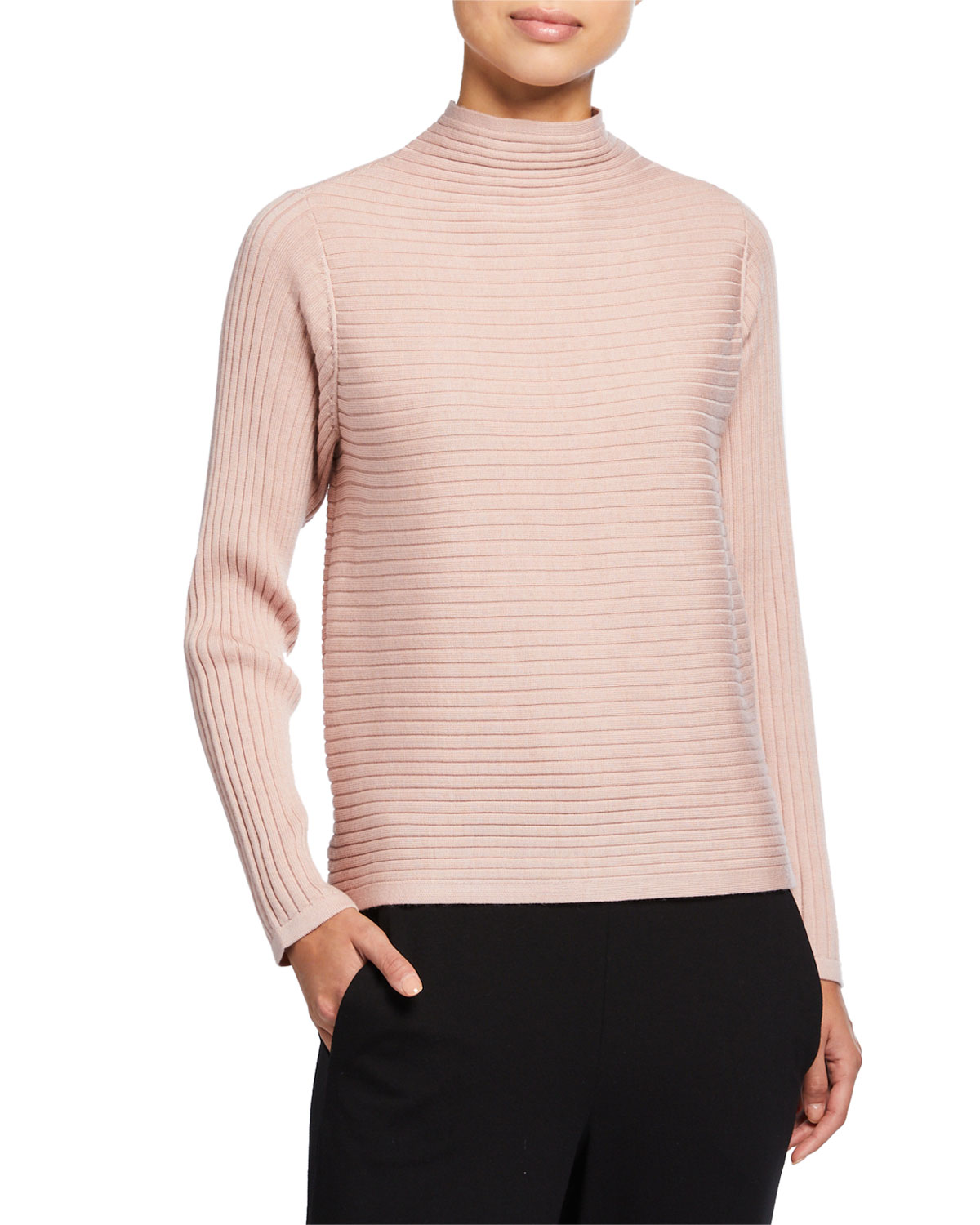 Suéter feminino de lã com gola funil Eileen Fisher, rosa, tamanho PL
