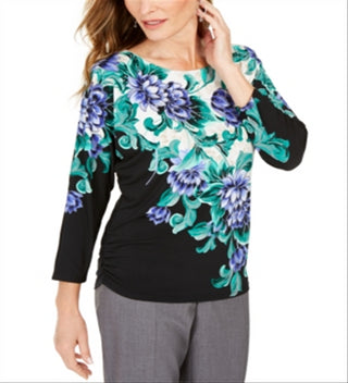 JM Collection Blusa feminina estampada com manga dolman e detalhes, preta, tamanho grande