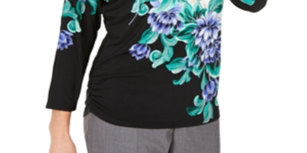 JM Collection Blusa feminina estampada com manga dolman e detalhes, preta, tamanho grande