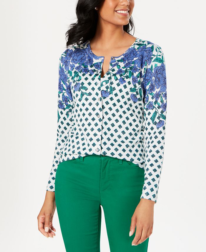 Cardigan feminino com estampa floral brilhante Charter Club, verde, tamanho XS