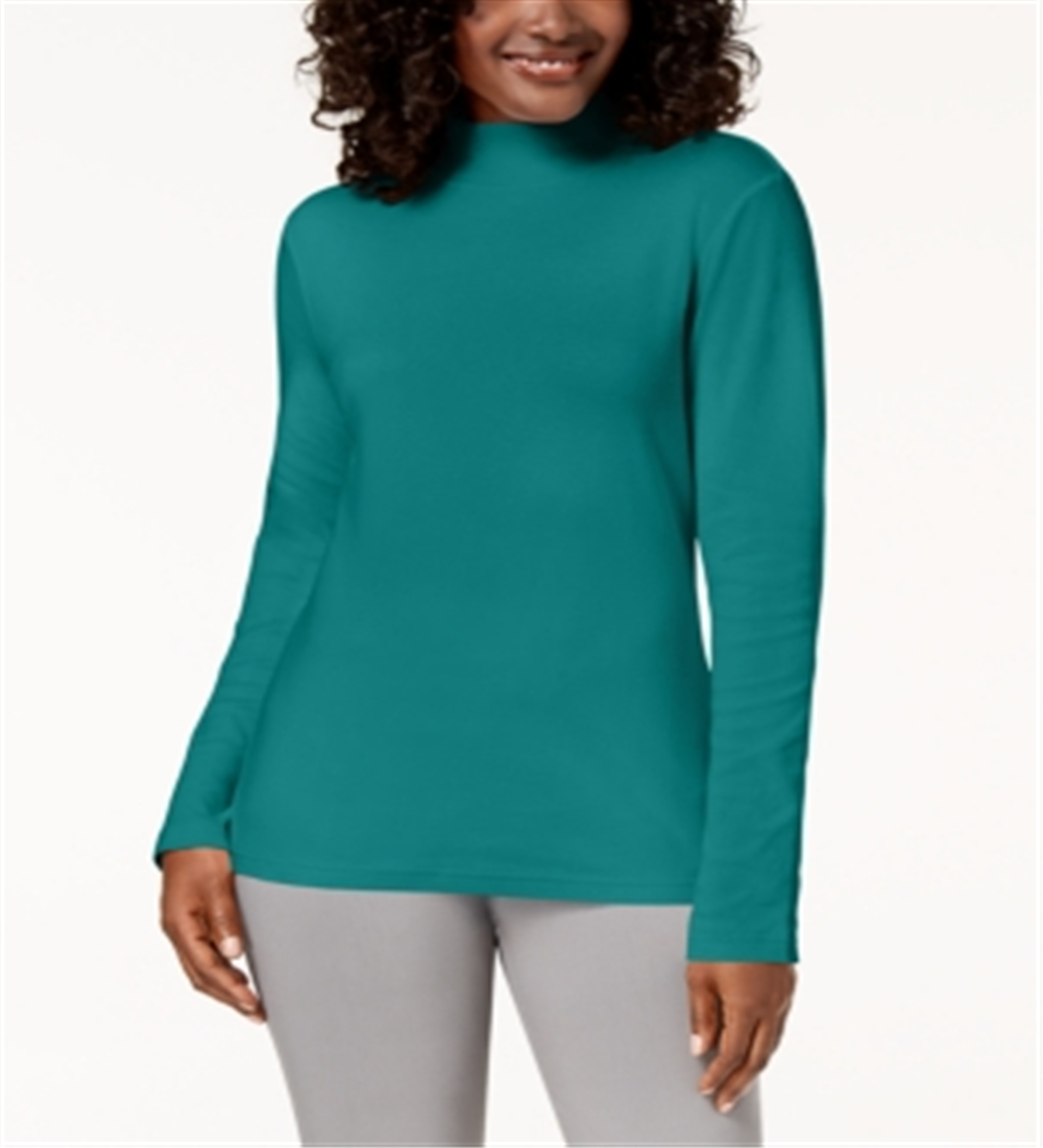 Karen Scott Blusa de algodão com gola alta e manga comprida feminina, verde, tamanho pequeno G