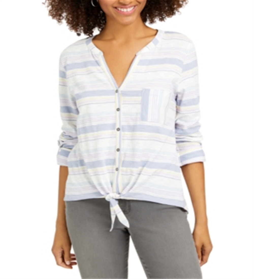 Camisa feminina de algodão listrada com amarração frontal, tamanho pequeno, branca, estilo &amp; co
